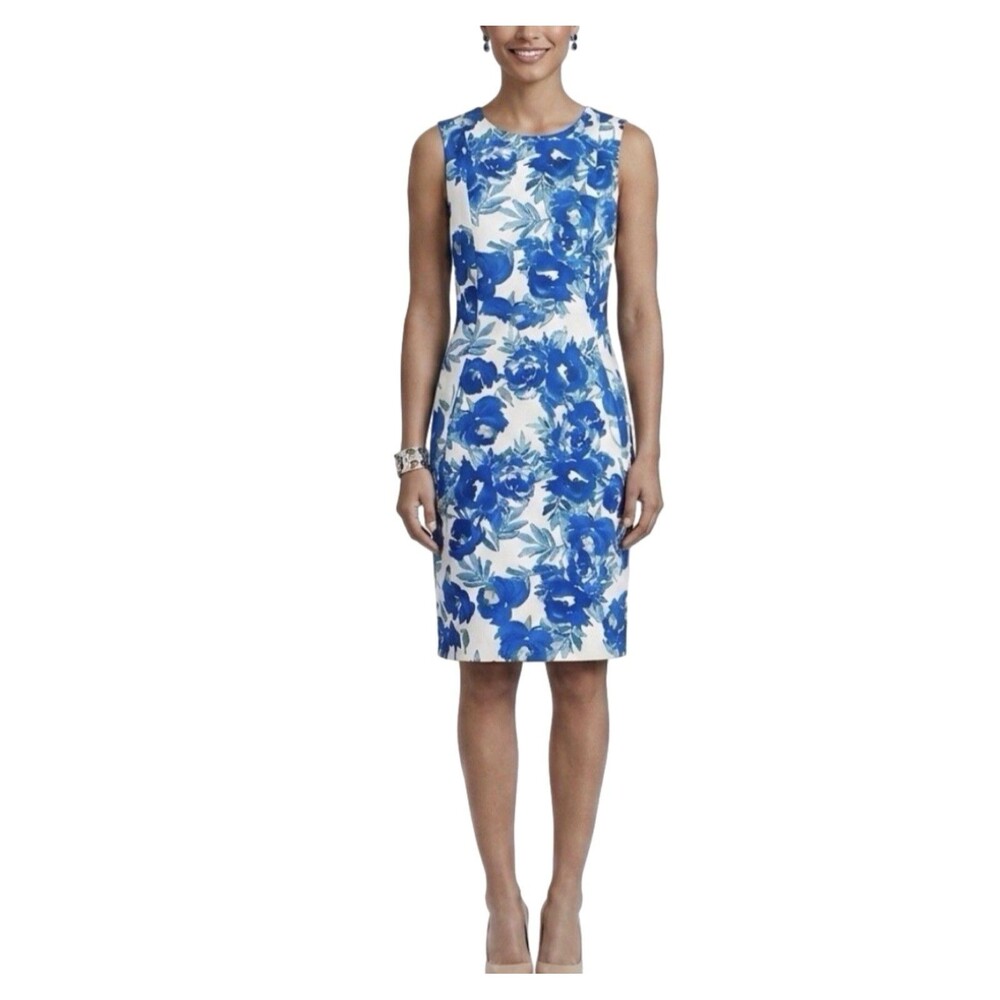 Calvin Klein Womens Floral Sheath Dress Sleeveless Blue White Size 6 scuba